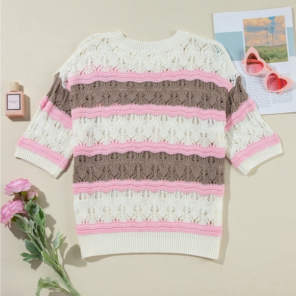Brown Stripe Color Block Hollow Out Crochet Half Sleeve Sweater Bohemian Blouse - Picture 6 of 11
